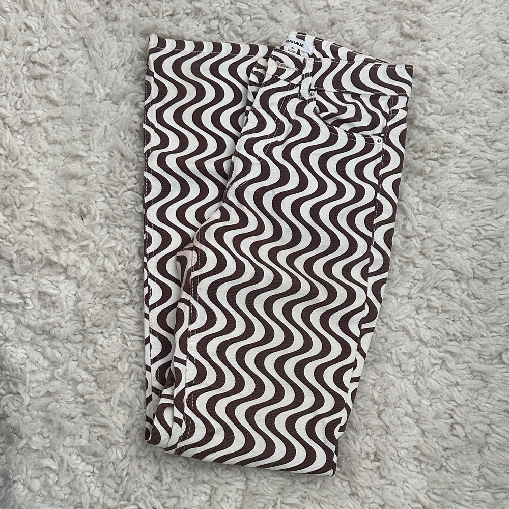 Garage Brown and White Retro Wave Patterned Flare Jeans